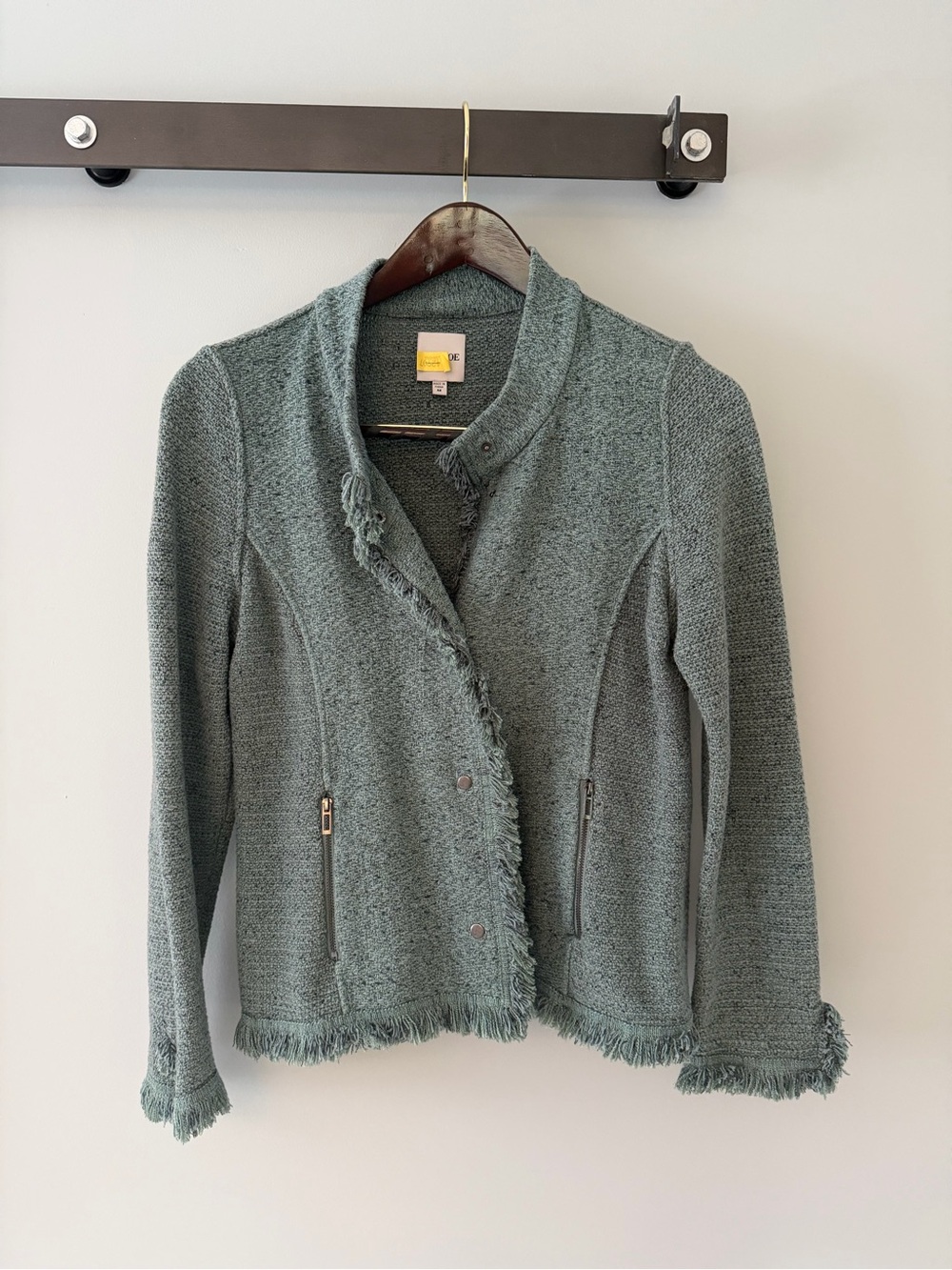 NIC+ZOE Sage Green Fringed Knit Zip-Pocket Jacket